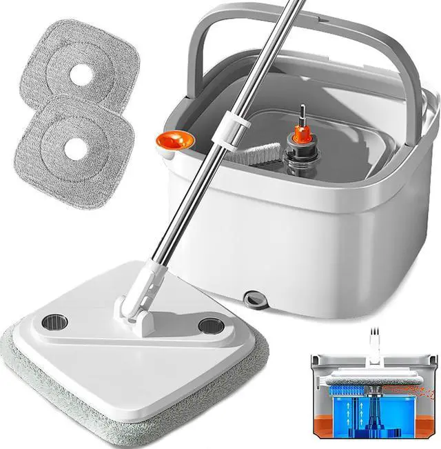 Main image of KZKR M16 Spin Mop and Bucket Set with Self Separation M16 Dirty and Clean Water System Self Wringing 360° Rotating Square Mop-Head for Hardwood Tile Marble Floors (Grey) (Mop and Bucket Set (2 Pads))