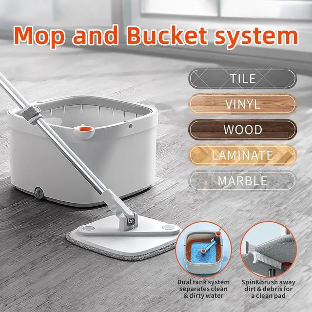 Alt view image 4 of 7 - KZKR M16 Spin Mop and Bucket Set with Self Separation M16 Dirty and Clean Water System Self Wringing 360° Rotating Square Mop-Head for Hardwood Tile Marble Floors (Grey) (Mop and Bucket Set (2 Pads))