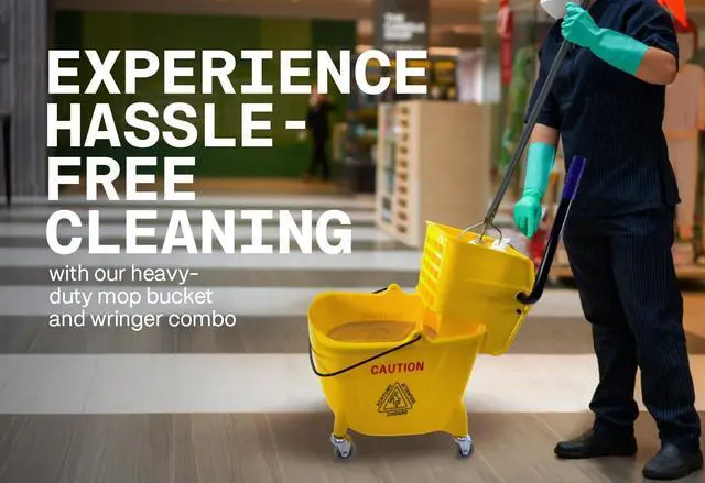 Alt view image 4 of 7 - Mop Bucket 25 Quart | Side Press Wringer | 4 Wheels 2" | Yellow