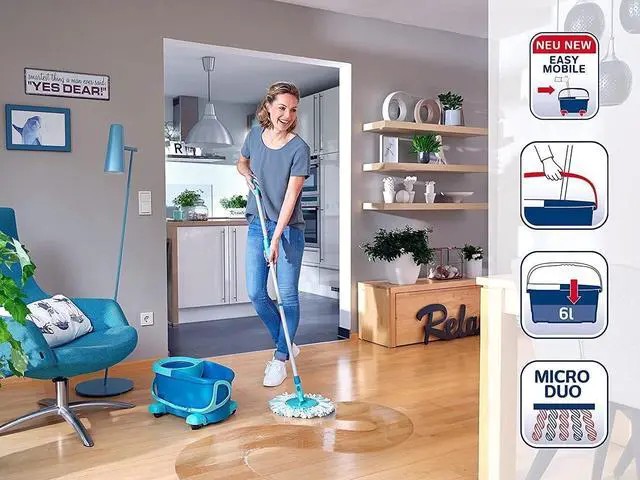 Alt view image 2 of 7 - Leifheit Clean Twist Disc Mop Ergo Mobile Set, Moisture Controlled Spin, Wheeled Bucket, Faster Cleaning, Easy-Steer Micro Fibre 33cm Head with 360° Joint,Turquoise,46,6 x 26,5 x 26cm