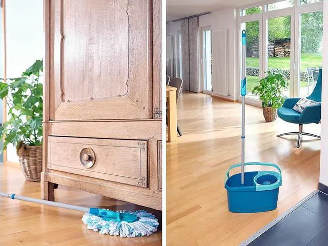 Alt view image 4 of 7 - Leifheit Clean Twist Disc Mop Ergo Mobile Set, Moisture Controlled Spin, Wheeled Bucket, Faster Cleaning, Easy-Steer Micro Fibre 33cm Head with 360° Joint,Turquoise,46,6 x 26,5 x 26cm