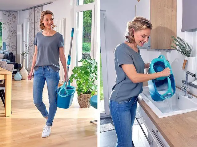 Alt view image 5 of 7 - Leifheit Clean Twist Disc Mop Ergo Mobile Set, Moisture Controlled Spin, Wheeled Bucket, Faster Cleaning, Easy-Steer Micro Fibre 33cm Head with 360° Joint,Turquoise,46,6 x 26,5 x 26cm