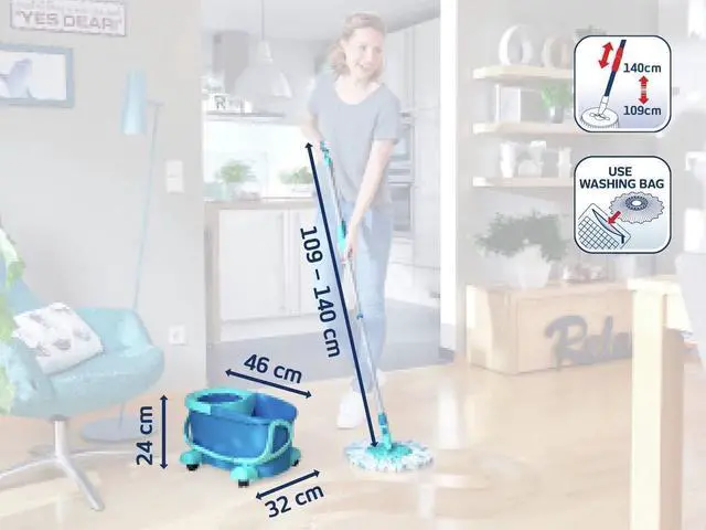 Alt view image 6 of 7 - Leifheit Clean Twist Disc Mop Ergo Mobile Set, Moisture Controlled Spin, Wheeled Bucket, Faster Cleaning, Easy-Steer Micro Fibre 33cm Head with 360° Joint,Turquoise,46,6 x 26,5 x 26cm
