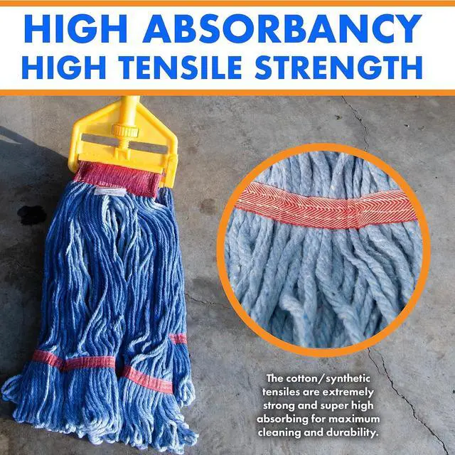Alt view image 3 of 5 - Cotton/Synthetic Wet Mop Head, Cleaning Supplies, Replacement Looped End Mop Head, High Absorbency, High Tensile Strength, Launderable, Medium Size, Blue (Pack of 3)