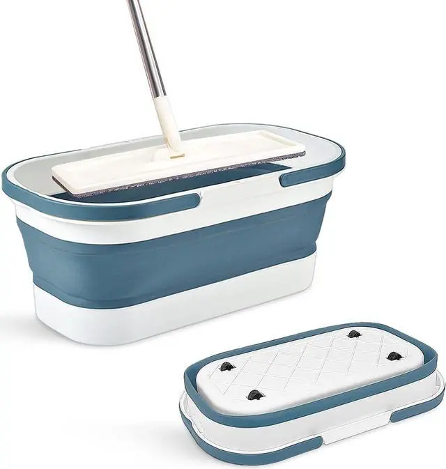Main image of Collapsible Mop Bucket with Handle - 12L/3.17 Gallon Small Foldable Bucket with Wheels for House Cleaning/Car Washing/Camping Portable Rectangular Handy Basket Plastic Bucket for Cleaning Mop (Blue)