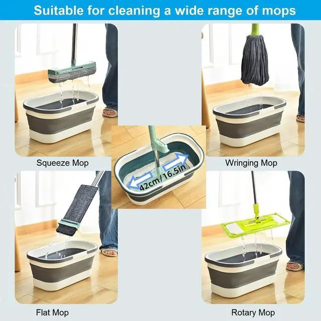 Alt view image 2 of 6 - Collapsible Mop Bucket with Handle - 12L/3.17 Gallon Small Foldable Bucket with Wheels for House Cleaning/Car Washing/Camping Portable Rectangular Handy Basket Plastic Bucket for Cleaning Mop (Blue)