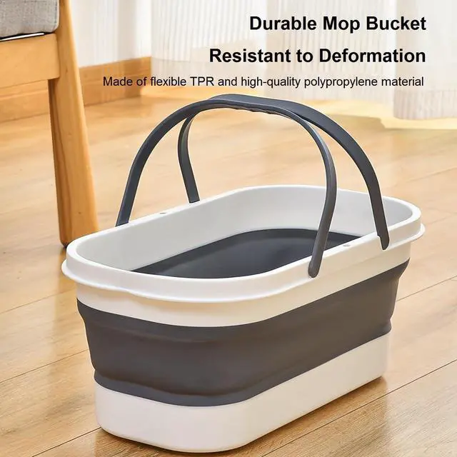 Alt view image 4 of 6 - Collapsible Mop Bucket with Handle - 12L/3.17 Gallon Small Foldable Bucket with Wheels for House Cleaning/Car Washing/Camping Portable Rectangular Handy Basket Plastic Bucket for Cleaning Mop (Blue)