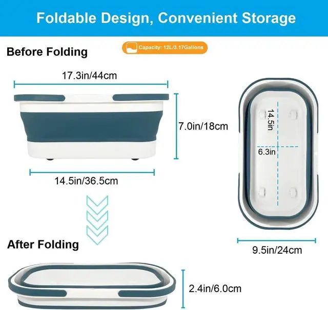 Alt view image 6 of 6 - Collapsible Mop Bucket with Handle - 12L/3.17 Gallon Small Foldable Bucket with Wheels for House Cleaning/Car Washing/Camping Portable Rectangular Handy Basket Plastic Bucket for Cleaning Mop (Blue)