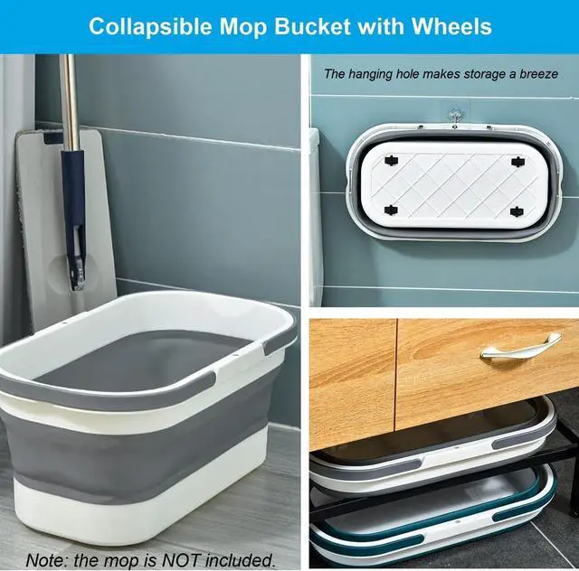 Alt view image 5 of 6 - Collapsible Mop Bucket with Handle - 12L/3.17 Gallon Small Foldable Bucket with Wheels for House Cleaning/Car Washing/Camping Portable Rectangular Handy Basket Plastic Bucket for Cleaning Mop (Blue)