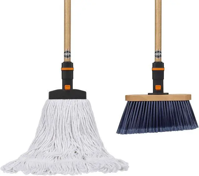 Alt view image 2 of 7 - SWOPT Premium Multi-Surface Angle Broom, Cotton Mop + 48 & 60" EVA Foam Comfort Grip Wooden Handles, Combo  Cleaning Heads with Long Handles Interchangeable with All SWOPT Cleaning Products