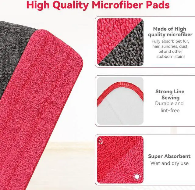 Alt view image 3 of 7 - 16.5 inch Microfiber Mop Pads for Rubbermaid Reveal Spray Mop and Any 16.5" Flat Mop - 10 Pack 13''-15'' Spray Mop Pad Reusable Washable Replacement Refills - Red & Grey