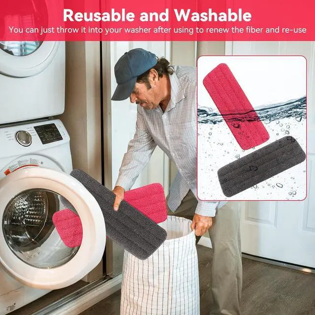 Alt view image 4 of 7 - 16.5 inch Microfiber Mop Pads for Rubbermaid Reveal Spray Mop and Any 16.5" Flat Mop - 10 Pack 13''-15'' Spray Mop Pad Reusable Washable Replacement Refills - Red & Grey