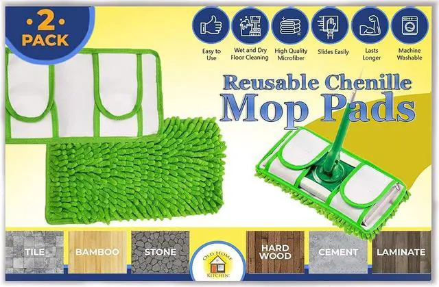 Alt view image 2 of 7 - Reusable Chenille Mop Pads | Washable Microfiber Pads for Standard Mop Heads | Swiffer-Compatible Dry Mops for Dust, Pet Hair, and Spills | Replacement Set of 2