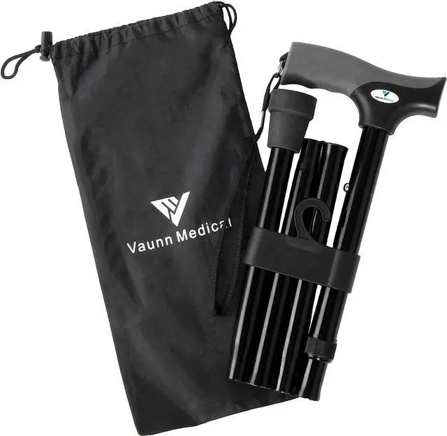 Main image of Vaunn Medical Easy Grip Height Adjustable Folding Cane/Walking Stick with Strap/Pouch- Compact, Portable, and Safe Walking Assistant- Non-Slip Grip Handle- Men, Women, Elderly, Disabled, Pregnant