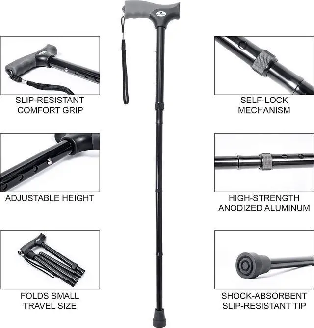 Alt view image 5 of 6 - Vaunn Medical Easy Grip Height Adjustable Folding Cane/Walking Stick with Strap/Pouch- Compact, Portable, and Safe Walking Assistant- Non-Slip Grip Handle- Men, Women, Elderly, Disabled, Pregnant