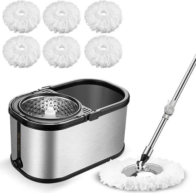 Main image of Spin Mop Bucket System Stainless Steel Bucket and Mop Set with 6 Microfiber Replacement Head Refills, Floor Mop with 4 Wheel