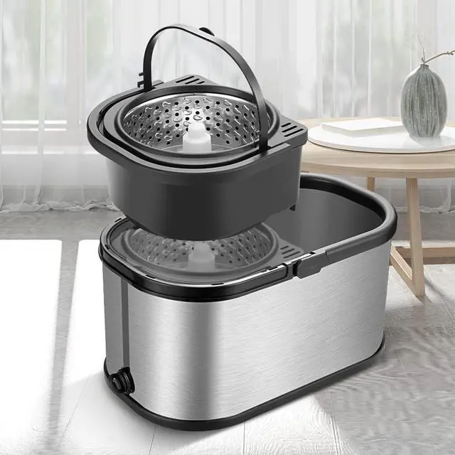 Alt view image 4 of 6 - Spin Mop Bucket System Stainless Steel Bucket and Mop Set with 6 Microfiber Replacement Head Refills, Floor Mop with 4 Wheel