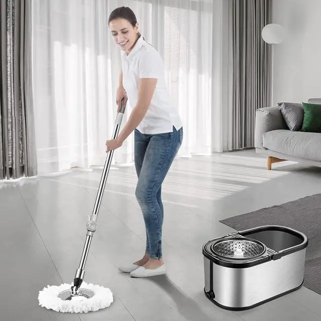 Alt view image 6 of 6 - Spin Mop Bucket System Stainless Steel Bucket and Mop Set with 6 Microfiber Replacement Head Refills, Floor Mop with 4 Wheel