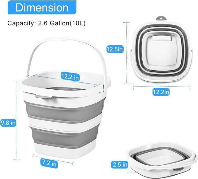 Alt view image 2 of 7 - 2 Pack 2.6 Gallon(10L) Collapsible Plastic Buckets with Handle Compact Cleaning Square Storage Bucket Portable Water Tub Outdoor Water Pail for Garden Hiking Fishing Camping (White)