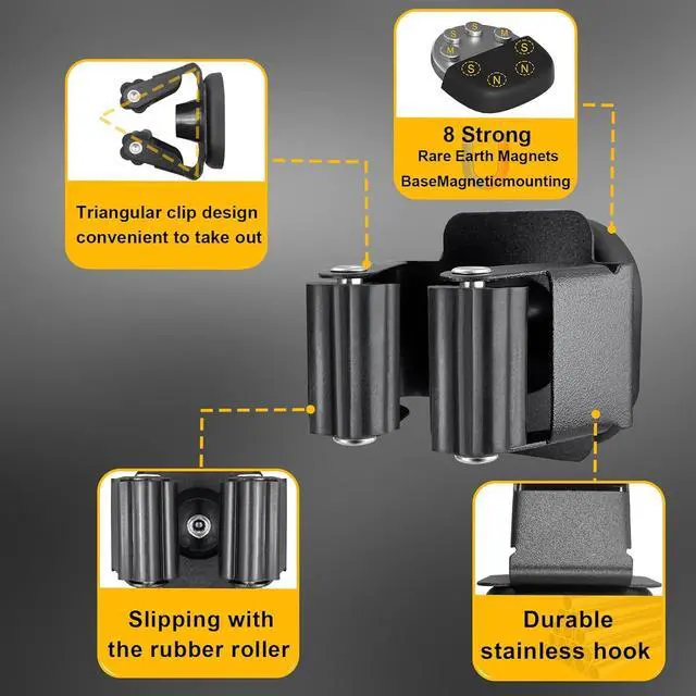 Alt view image 3 of 7 - Upgraded Magnetic Broom and Mop Holder Wall Mount, Space-Saving Heavy Duty No Drill Over the Door Broom Gripper RV Camper Wall Organizer,Black,2 Pcs