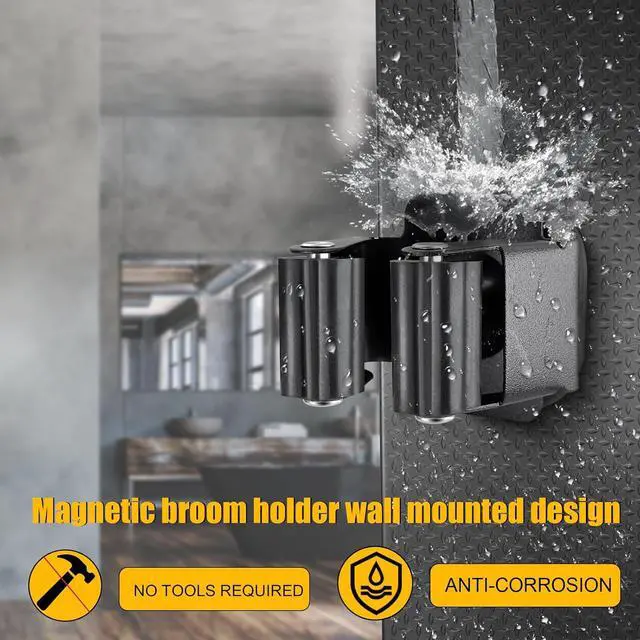 Alt view image 4 of 7 - Upgraded Magnetic Broom and Mop Holder Wall Mount, Space-Saving Heavy Duty No Drill Over the Door Broom Gripper RV Camper Wall Organizer,Black,2 Pcs