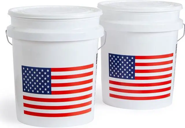 Main image of United Solutions 5 Gallon Bucket, Heavy Duty Plastic Bucket, Comfortable Handle, Perfect for on The Job, Home Improvement, or Household Cleaning, White with USA Flag, Pack of 2