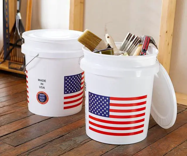 Alt view image 2 of 6 - United Solutions 5 Gallon Bucket, Heavy Duty Plastic Bucket, Comfortable Handle, Perfect for on The Job, Home Improvement, or Household Cleaning, White with USA Flag, Pack of 2