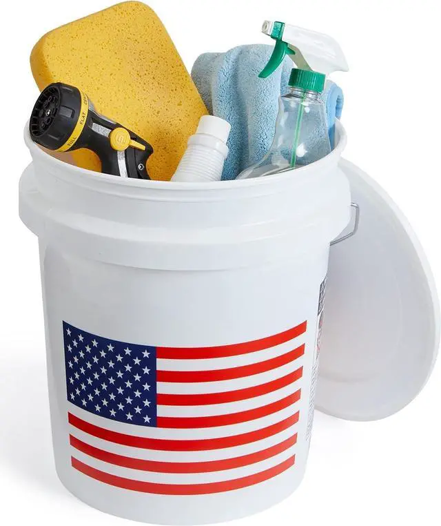 Alt view image 6 of 6 - United Solutions 5 Gallon Bucket, Heavy Duty Plastic Bucket, Comfortable Handle, Perfect for on The Job, Home Improvement, or Household Cleaning, White with USA Flag, Pack of 2