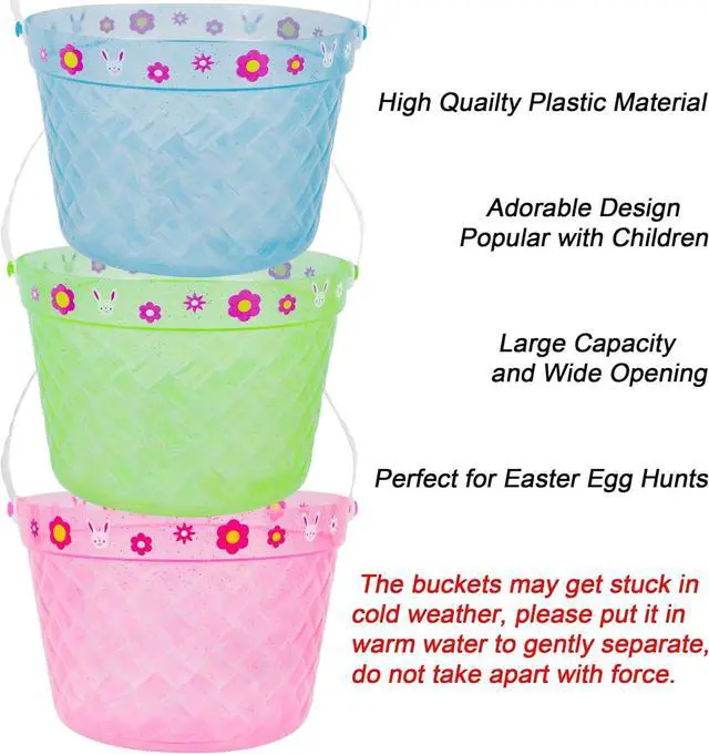 Alt view image 3 of 7 - Zcaukya Easter Buckets, 3 Packs Clear Plastic Kids Easter Baskets with Handles, Empty Plastic Easter Pails for Easter Egg Hunt Party Favors, Green, Blue, Pink