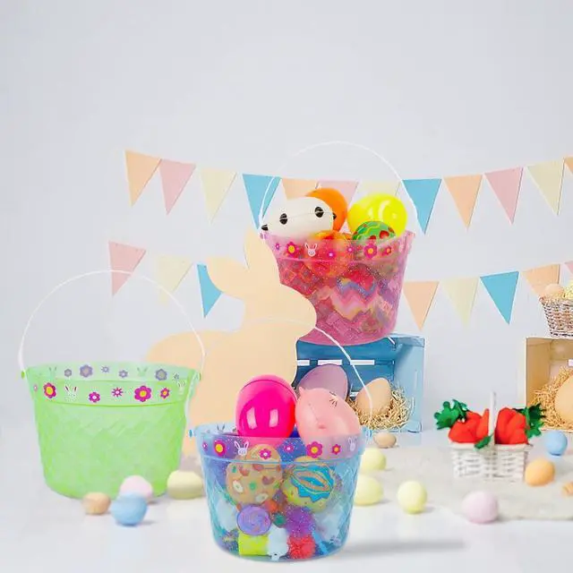 Alt view image 4 of 7 - Zcaukya Easter Buckets, 3 Packs Clear Plastic Kids Easter Baskets with Handles, Empty Plastic Easter Pails for Easter Egg Hunt Party Favors, Green, Blue, Pink