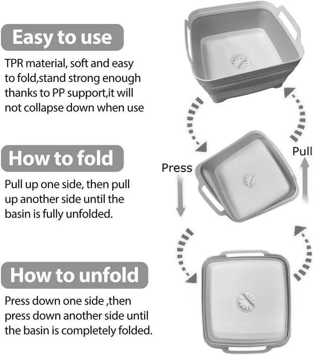 Alt view image 3 of 6 - Ikaufen Dishpan for Washing Dishes, 9L (2.4Gallon) Collapsible Wash Basin with Drain Plug Carry Handles, Collapsible Bucket for Cleaning, Vegetable Washing, RV(Grey)