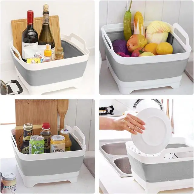 Alt view image 5 of 6 - Ikaufen Dishpan for Washing Dishes, 9L (2.4Gallon) Collapsible Wash Basin with Drain Plug Carry Handles, Collapsible Bucket for Cleaning, Vegetable Washing, RV(Grey)
