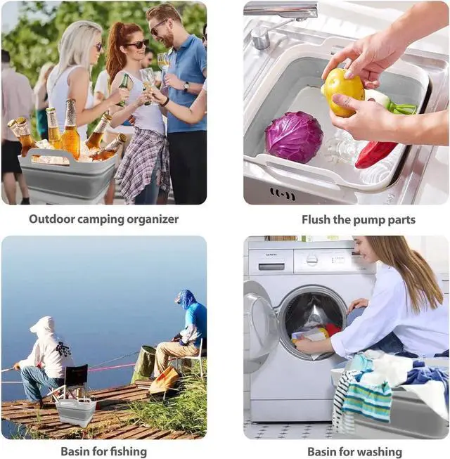 Alt view image 6 of 6 - Ikaufen Dishpan for Washing Dishes, 9L (2.4Gallon) Collapsible Wash Basin with Drain Plug Carry Handles, Collapsible Bucket for Cleaning, Vegetable Washing, RV(Grey)