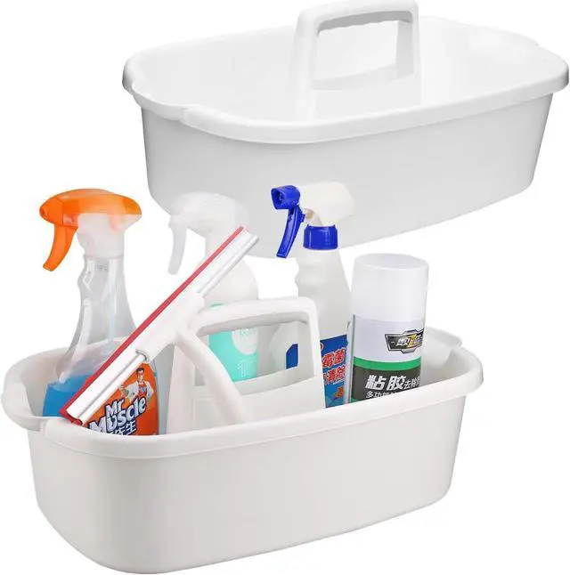 Main image of Cleaning Caddy Organizer with Handle, White Plastic Bucket for Cleaning Supplies Products, Cleaning Tool Storage Tote, 2 Pack