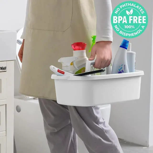 Alt view image 2 of 7 - Cleaning Caddy Organizer with Handle, White Plastic Bucket for Cleaning Supplies Products, Cleaning Tool Storage Tote, 2 Pack