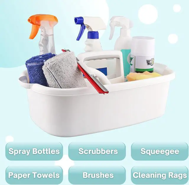 Alt view image 3 of 7 - Cleaning Caddy Organizer with Handle, White Plastic Bucket for Cleaning Supplies Products, Cleaning Tool Storage Tote, 2 Pack