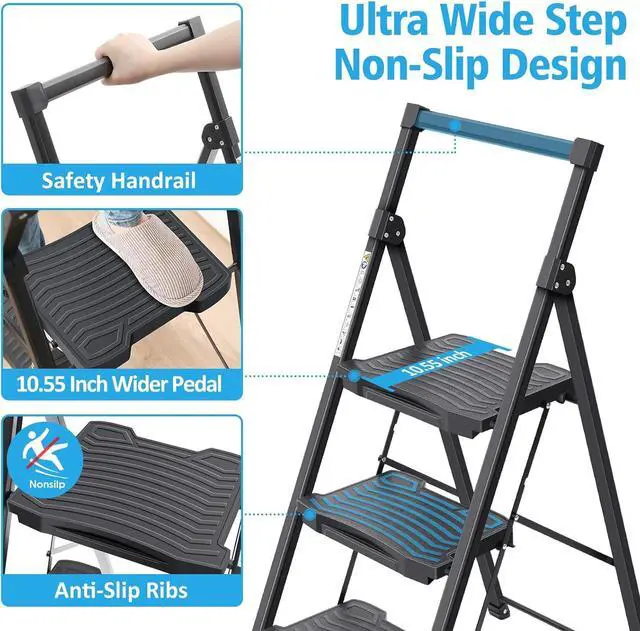 Alt view image 3 of 7 - KINGRACK Step Ladder 4 Step Folding, 900lbs 4 Step Ladder with Anti-Slip Wide Pedal and Handrails, Lightwight Household Ladder, Pass 900LBS Testing, for Your Kitchen, Pantry, Closets, Office Use