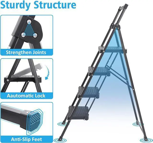 Alt view image 4 of 7 - KINGRACK Step Ladder 4 Step Folding, 900lbs 4 Step Ladder with Anti-Slip Wide Pedal and Handrails, Lightwight Household Ladder, Pass 900LBS Testing, for Your Kitchen, Pantry, Closets, Office Use
