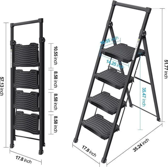 Alt view image 7 of 7 - KINGRACK Step Ladder 4 Step Folding, 900lbs 4 Step Ladder with Anti-Slip Wide Pedal and Handrails, Lightwight Household Ladder, Pass 900LBS Testing, for Your Kitchen, Pantry, Closets, Office Use