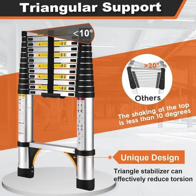 Alt view image 2 of 7 - Telescoping Ladder, SocTone 12.5 FT Aluminum Lightweight Extension Ladder with 2 Triangle Stabilizers, Heavy Duty 330lbs Max Capacity, Multi-Purpose Collapsible Ladder for RV or Outdoor Work