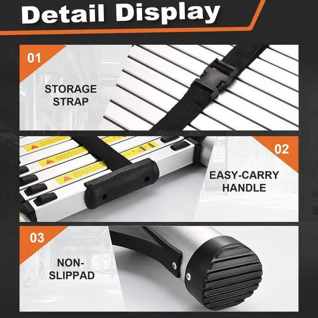 Alt view image 5 of 7 - Telescoping Ladder, SocTone 12.5 FT Aluminum Lightweight Extension Ladder with 2 Triangle Stabilizers, Heavy Duty 330lbs Max Capacity, Multi-Purpose Collapsible Ladder for RV or Outdoor Work