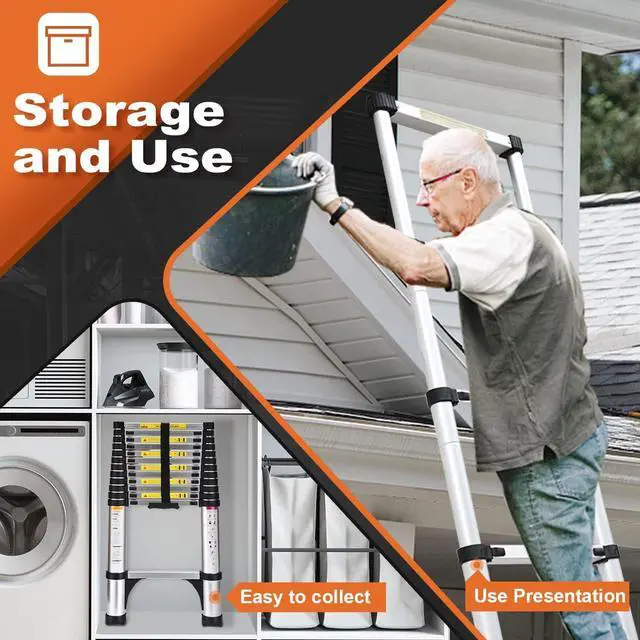 Alt view image 7 of 7 - Telescoping Ladder, SocTone 12.5 FT Aluminum Lightweight Extension Ladder with 2 Triangle Stabilizers, Heavy Duty 330lbs Max Capacity, Multi-Purpose Collapsible Ladder for RV or Outdoor Work