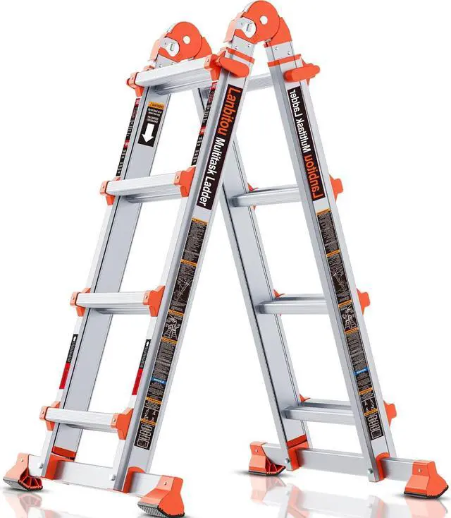 Main image of Ladder, A Frame 4 Step Ladder Extension, 14 FT Anti-Slip Multi Position & Storage Folding Ladder, 330 lbs Security Load Telescoping Aluminum Ladders for Stairs Home Indoor Outdoor Roof