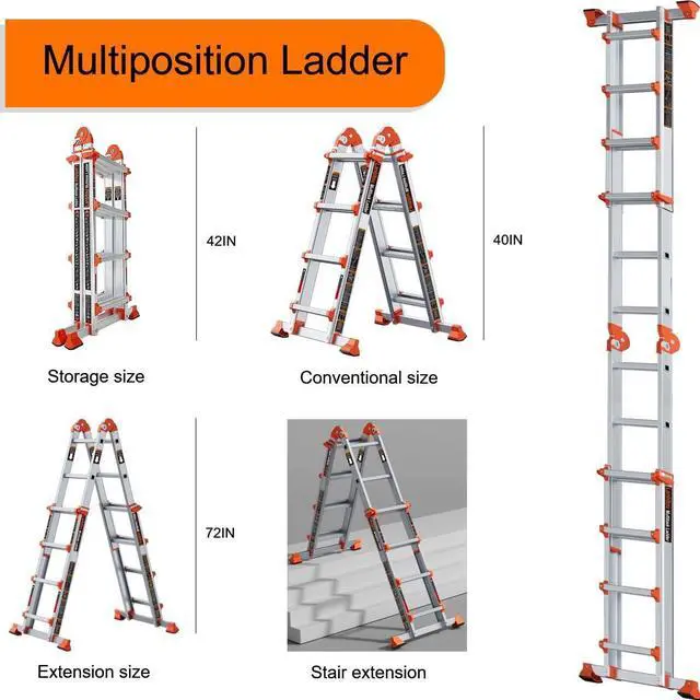 Alt view image 3 of 7 - Ladder, A Frame 4 Step Ladder Extension, 14 FT Anti-Slip Multi Position & Storage Folding Ladder, 330 lbs Security Load Telescoping Aluminum Ladders for Stairs Home Indoor Outdoor Roof