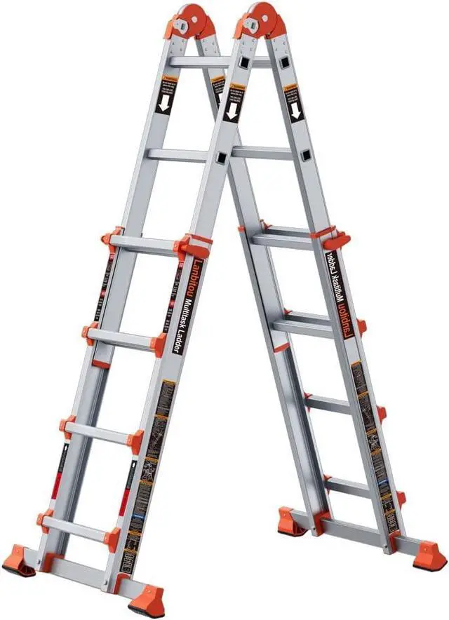 Alt view image 6 of 7 - Ladder, A Frame 4 Step Ladder Extension, 14 FT Anti-Slip Multi Position & Storage Folding Ladder, 330 lbs Security Load Telescoping Aluminum Ladders for Stairs Home Indoor Outdoor Roof