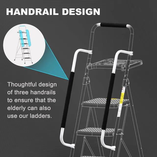 Alt view image 5 of 7 - HBTower 5 Step Ladder with Handrails, Folding Step Stool Portable Steel Ladder for Adults for Home Kitchen Library Office, White