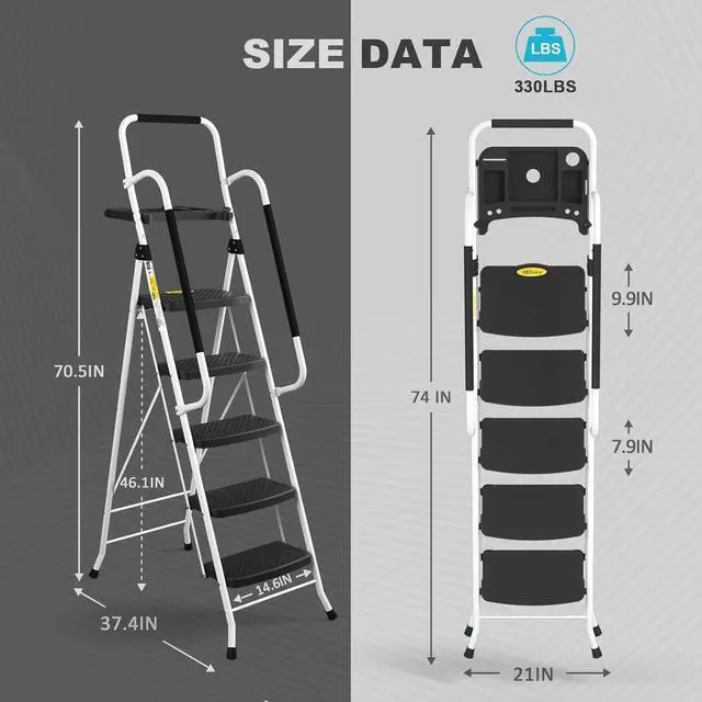 Alt view image 6 of 7 - HBTower 5 Step Ladder with Handrails, Folding Step Stool Portable Steel Ladder for Adults for Home Kitchen Library Office, White