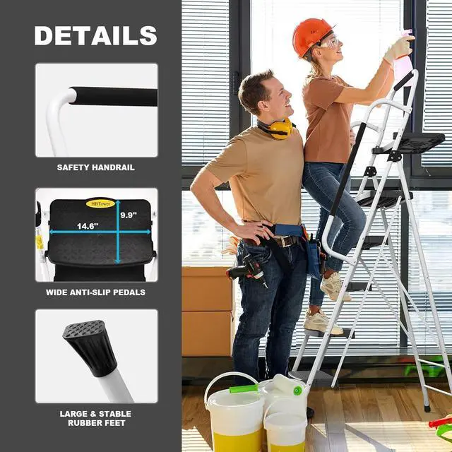 Alt view image 7 of 7 - HBTower 5 Step Ladder with Handrails, Folding Step Stool Portable Steel Ladder for Adults for Home Kitchen Library Office, White