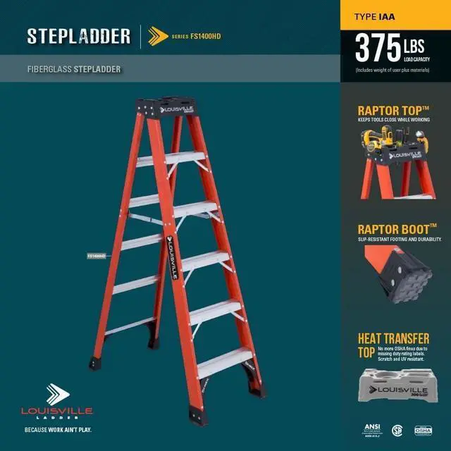 Alt view image 4 of 7 - Louisville Ladder 8-Foot Fiberglass Step Ladder, 375-Pound Load Capacity, Type IAA, FS1408HD