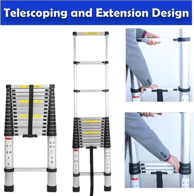 Alt view image 4 of 7 - 20ft Extension Ladder Aluminum DIY Telescoping Ladder for Home Trade Indoor Outdoor, Non-Slip Rubber Feet 15 Steps Height Adjustable 330lbs Max Load Extendable Ladder Folded Height 3.58ft